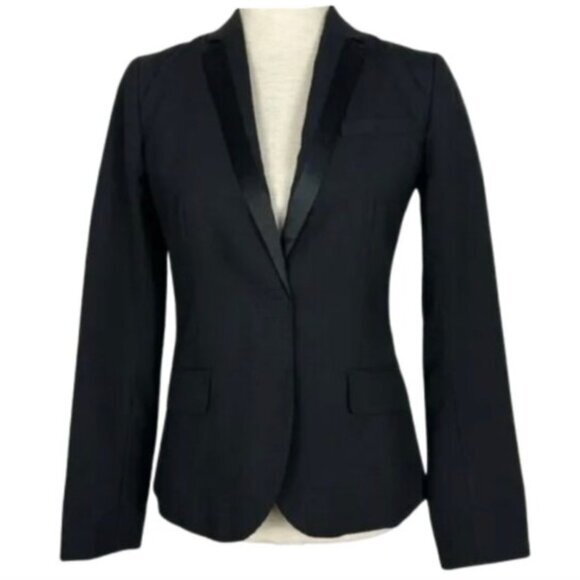 GAP Solid Black w Black Satin Lapel Tuxedo Style Preppy WOOL Blend Blazer Jacket - Picture 2 of 16